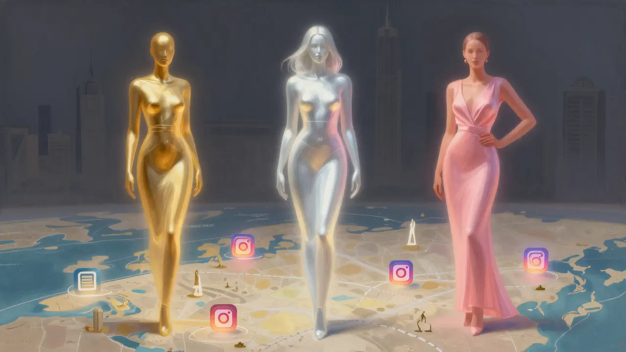 Three glowing figures symbolizing types of companions in Dubai, floating above the city with digital and venue icons.