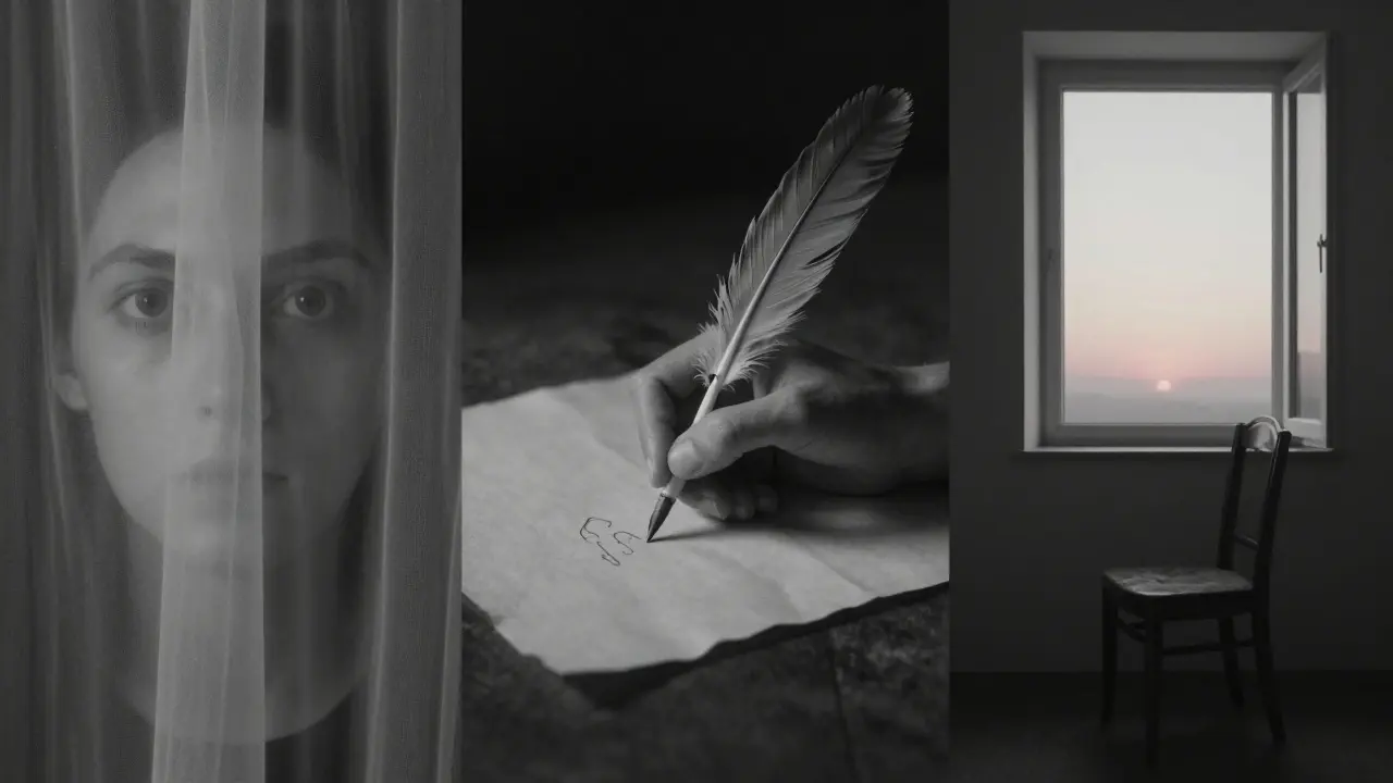 Three symbolic scenes: watching eyes, a handwritten note, and an empty chair at dawn.