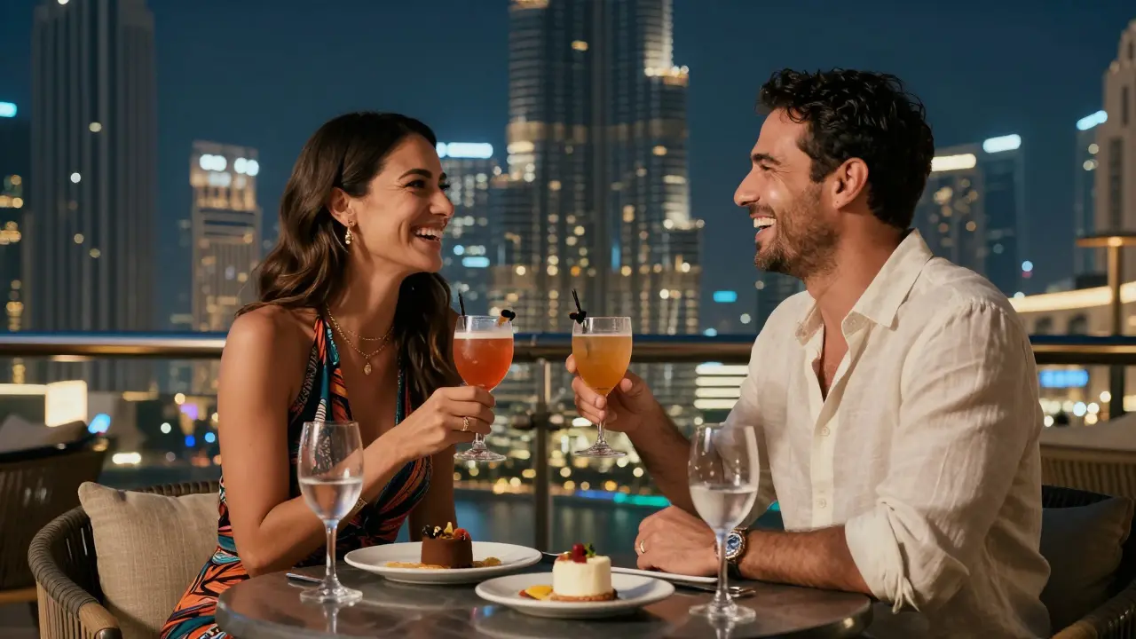 Two people enjoy cocktails at a Dubai rooftop bar, laughing softly under city lights, no intimacy, just companionship.