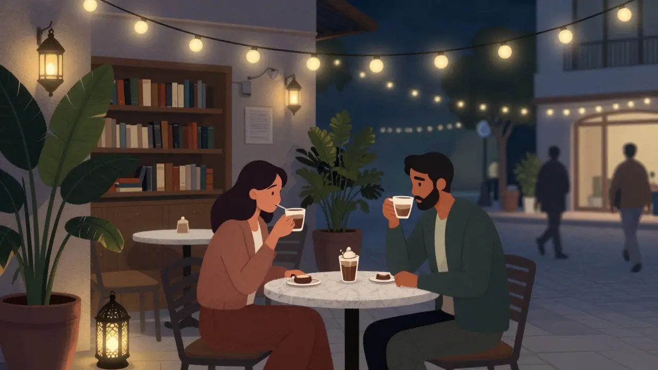 Two people enjoy quiet coffee in a cozy DIFC courtyard under soft string lights and lantern glow.