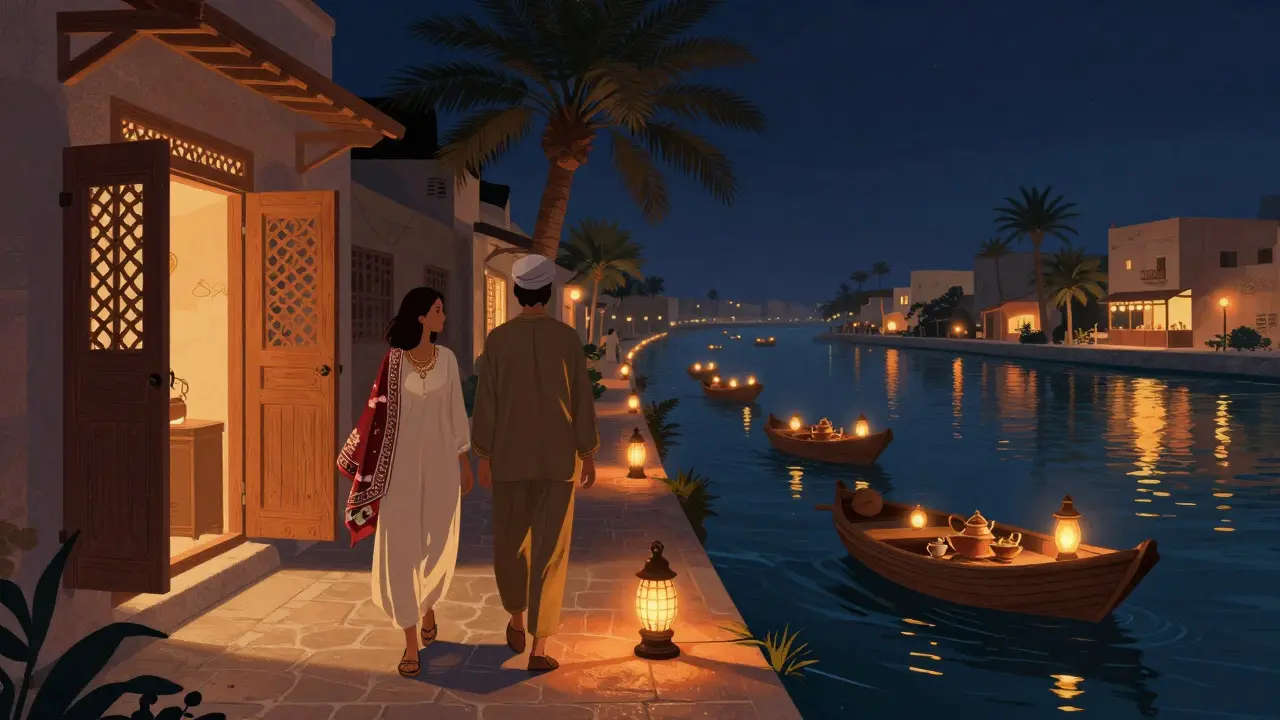 Two people strolling along Dubai Creek at night past lantern-lit boats and traditional tea houses.