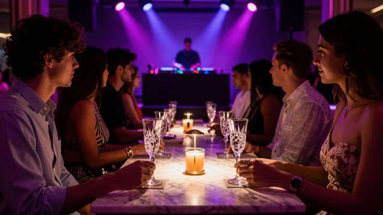 Well-dressed guests enjoying cocktails at an exclusive nightclub interior.