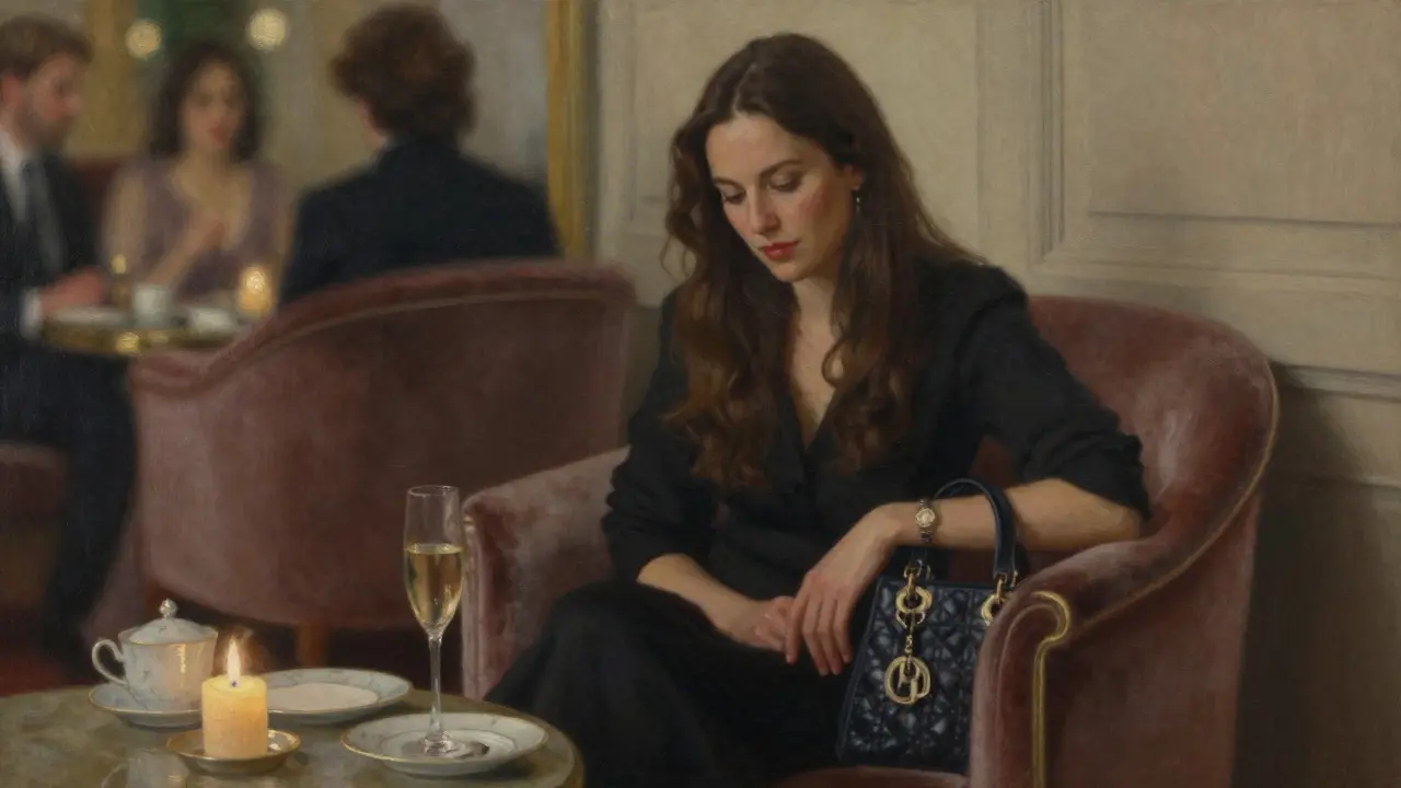 Woman in velvet chair at luxury hotel bar, champagne flute nearby, candlelight casting warm glow.