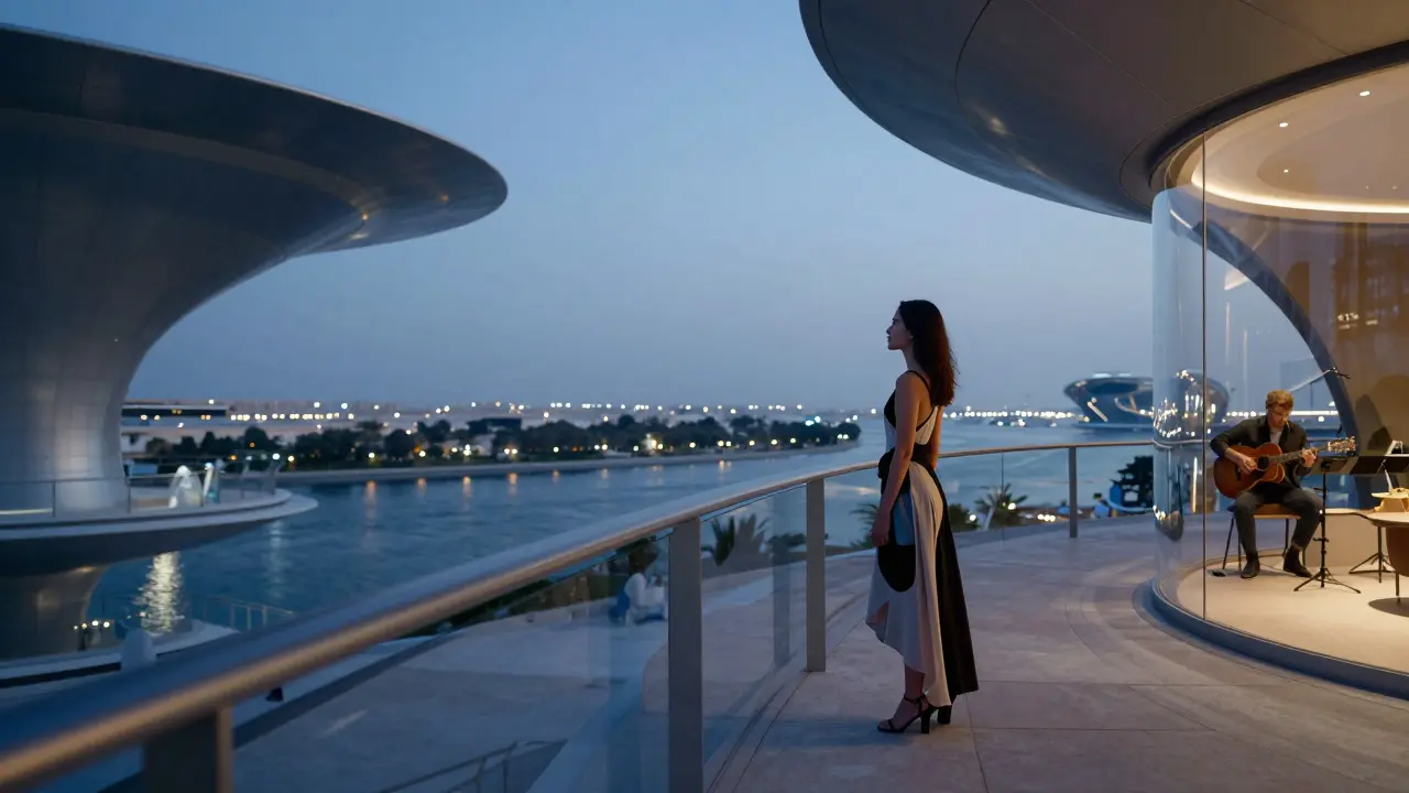 Woman on futuristic terrace at twilight, Dubai Creek lights below, modern architecture surrounding.