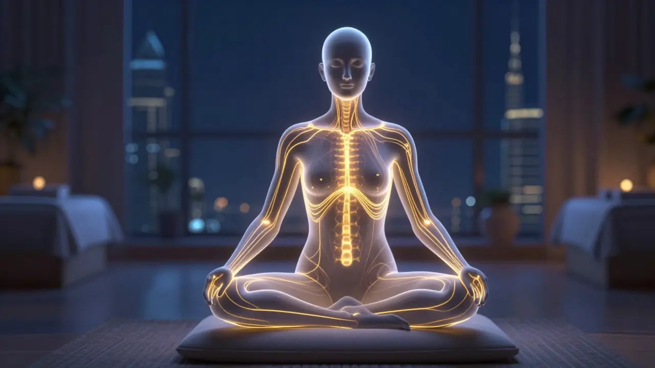 Glowing energy lines over meditating silhouette.