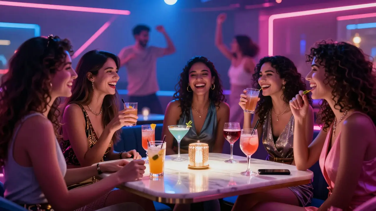 Group of stylish women enjoying colorful drinks at a vibrant Dubai ladies' night.