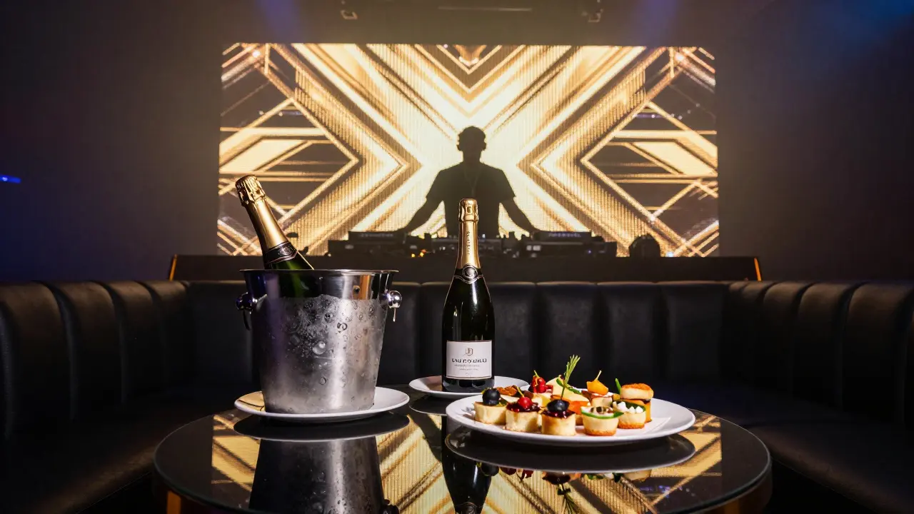 VIP bottle service and appetizers at a high-energy Dubai nightclub with a DJ.