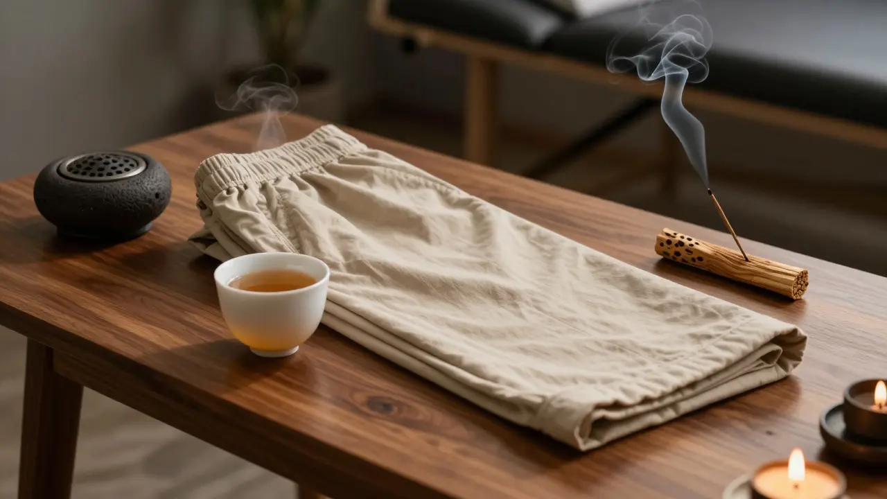 Welcome tea and cotton clothes on spa table.