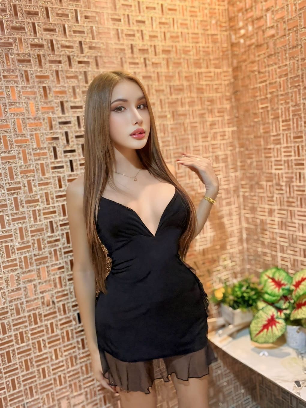 Elise stands before a brick wall in a black sleeveless mini dress with a V-neck and sheer hem, hand raised near her shoulder, plants to the right.