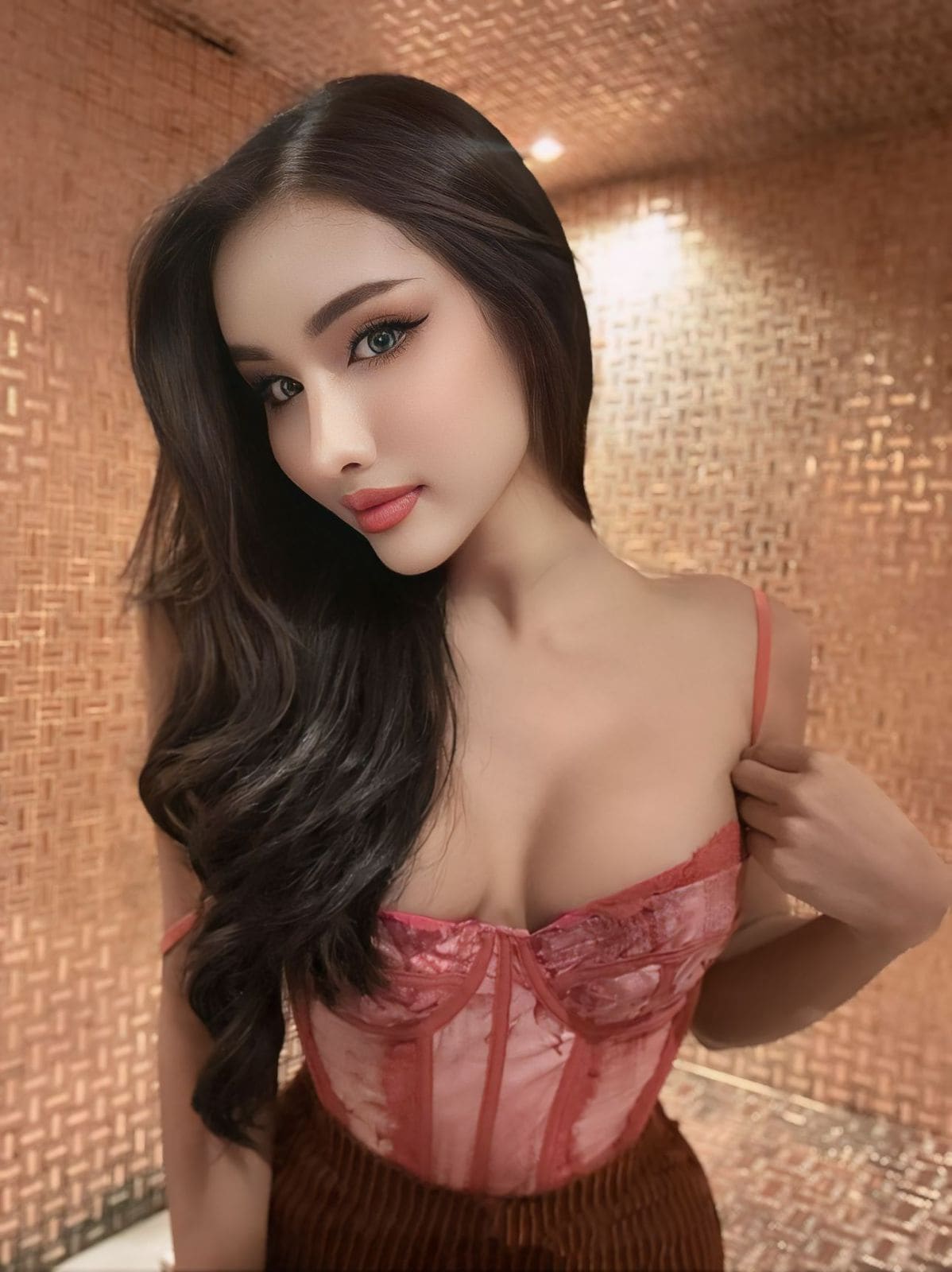 A woman in a pink lace bustier and brown pleated skirt poses with a hand on her shoulder against a textured gold-toned wall.